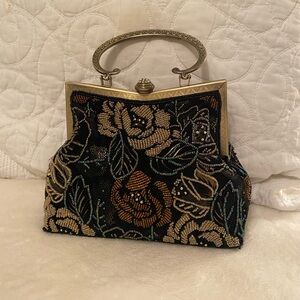 Beaded Floral Frame Clutch in Black and Gold